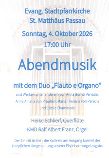 Plakat für die Abendmusik am 4. Oktober mit Orgel im Hintergrund