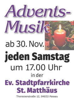 Adventsmusik ab 30. November an jedem Adventssamstag